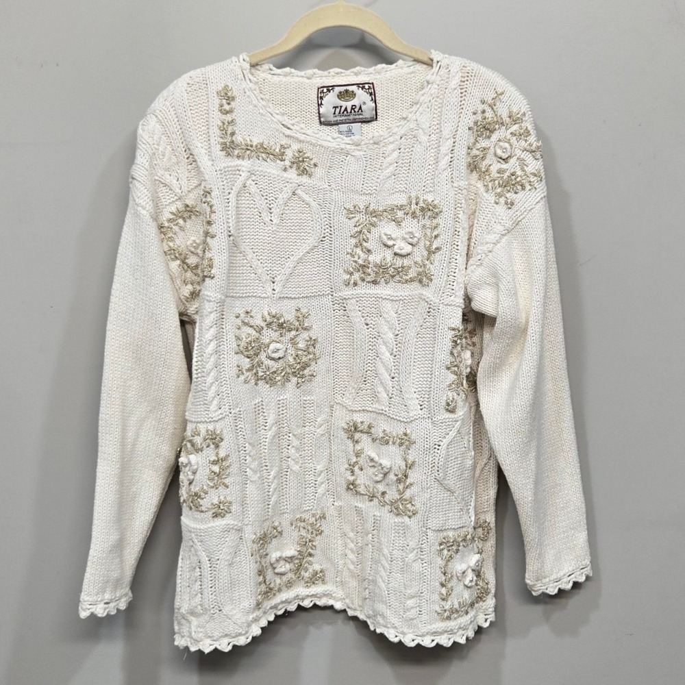 Tiara International Sweater Large Chunky 3D Floral Heart Bridal Rustic‎ Cottage
